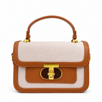 A Luxury Brown & Cream Handbag – Premium Textured Leather Crossbody Bag with Gold Lock