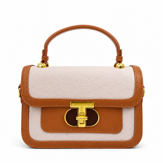 A Luxury Brown & Cream Handbag – Premium Textured Leather Crossbody Bag with Gold Lock
