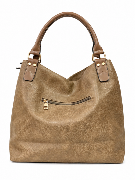 Chic Two-Tone Beige & Olive Leather Tote Bag with Detachable Strap