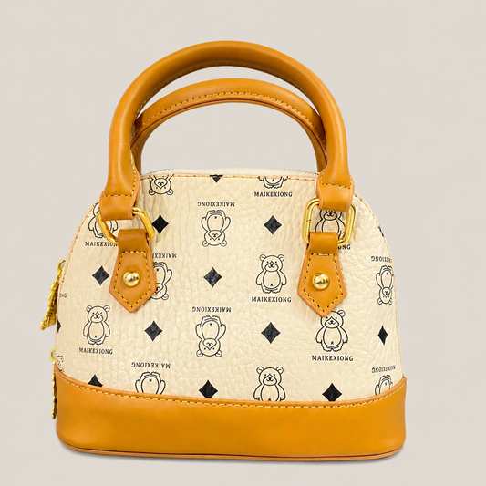 Cute Bear Print Mini Top Handle Handbag for Women – Premium PU Leather Crossbody Purse (White & Tan)