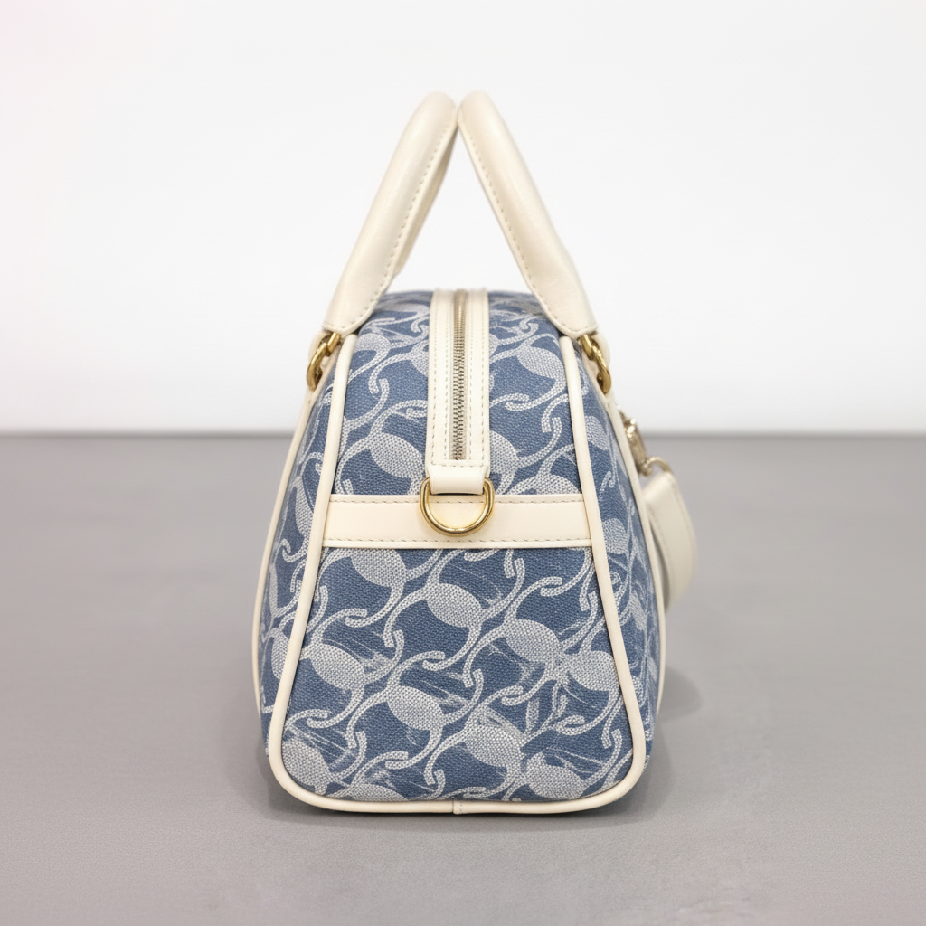 A  Elegant Blue Jacquard Mini Boston Bag with Ivory Leather Trim