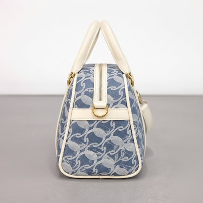 A  Elegant Blue Jacquard Mini Boston Bag with Ivory Leather Trim