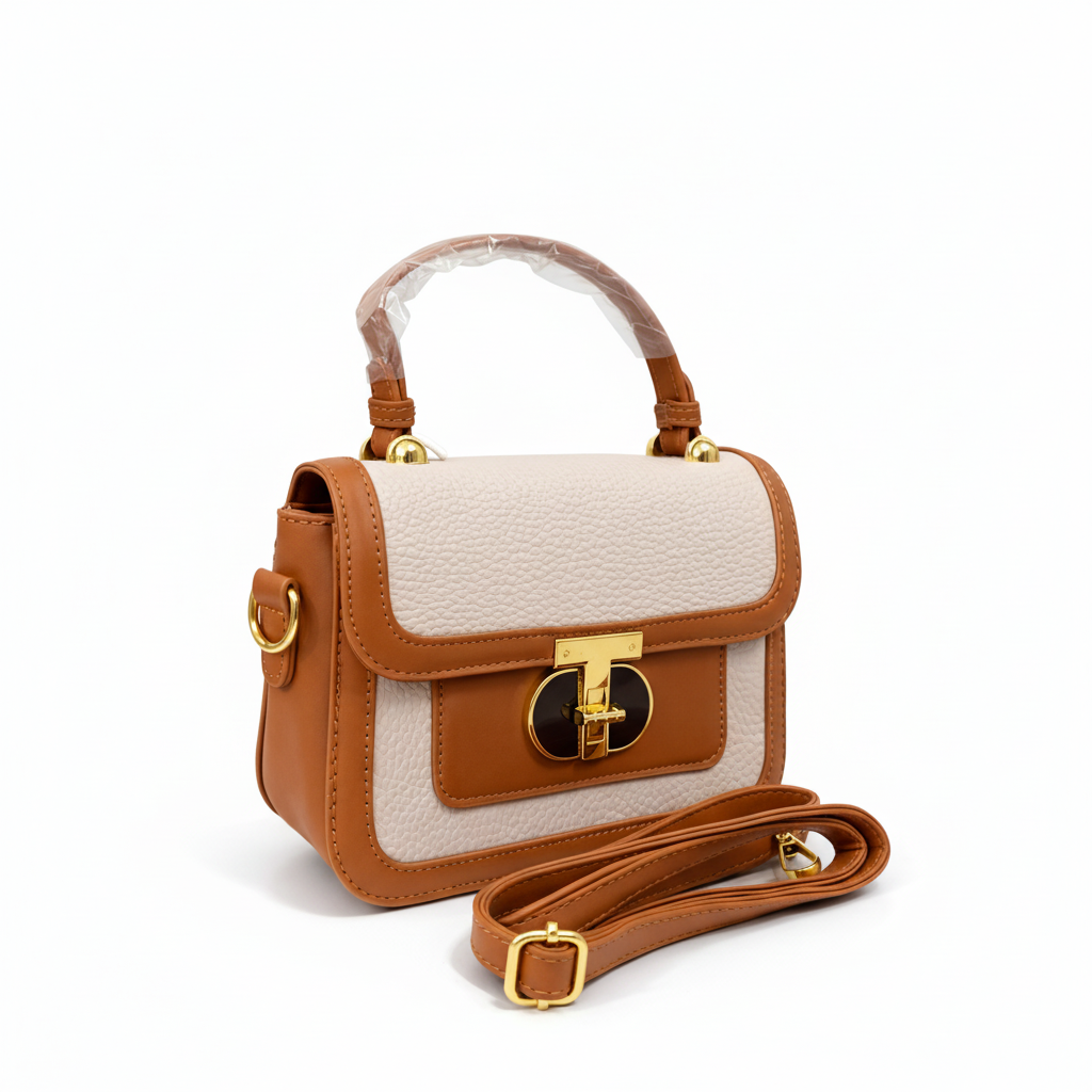 A Luxury Brown & Cream Handbag – Premium Textured Leather Crossbody Bag with Gold Lock